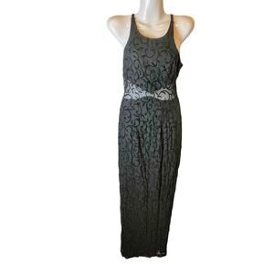 VTG Bari Jay Y2K Black Burnout Velvet Sheer Waist Maxi Dress XS Gothic Vamp 90s